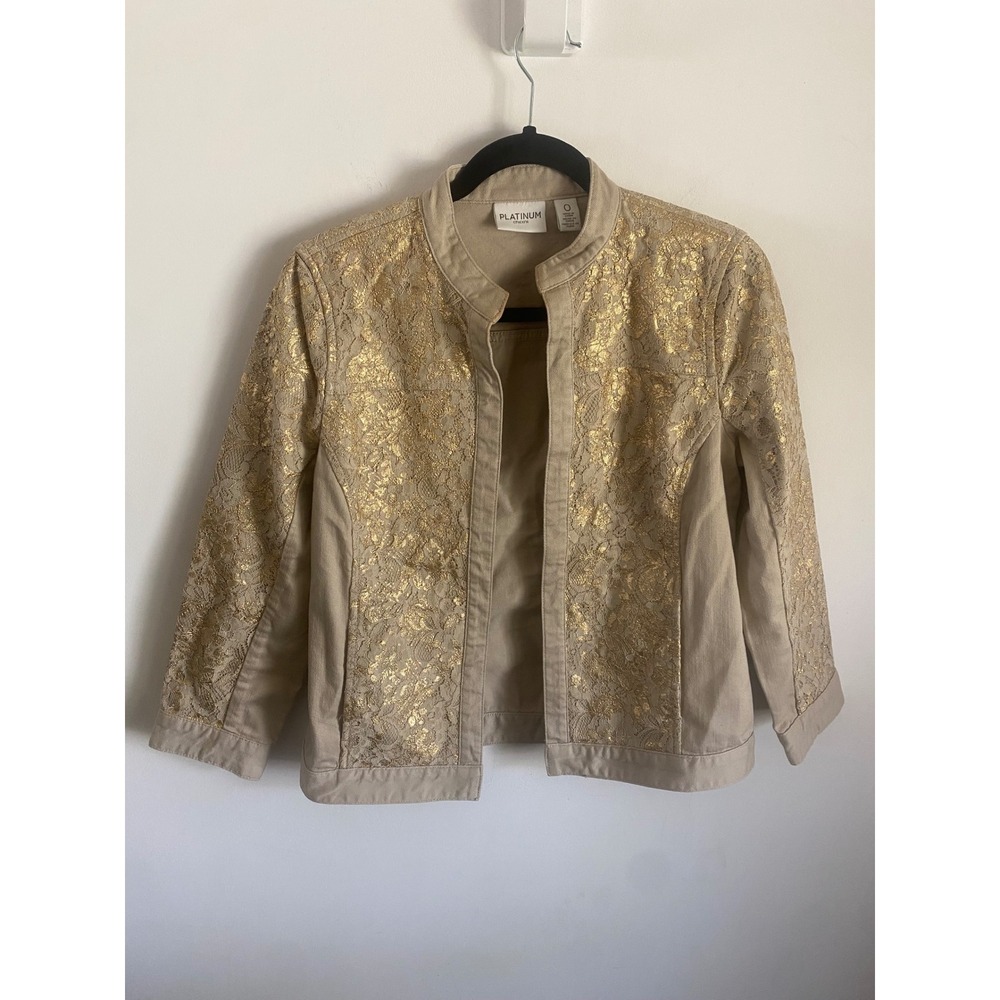 Chico's Platinum Tan Gold Foil Floral Lace Open Front Mock Neck Jacket Size 0